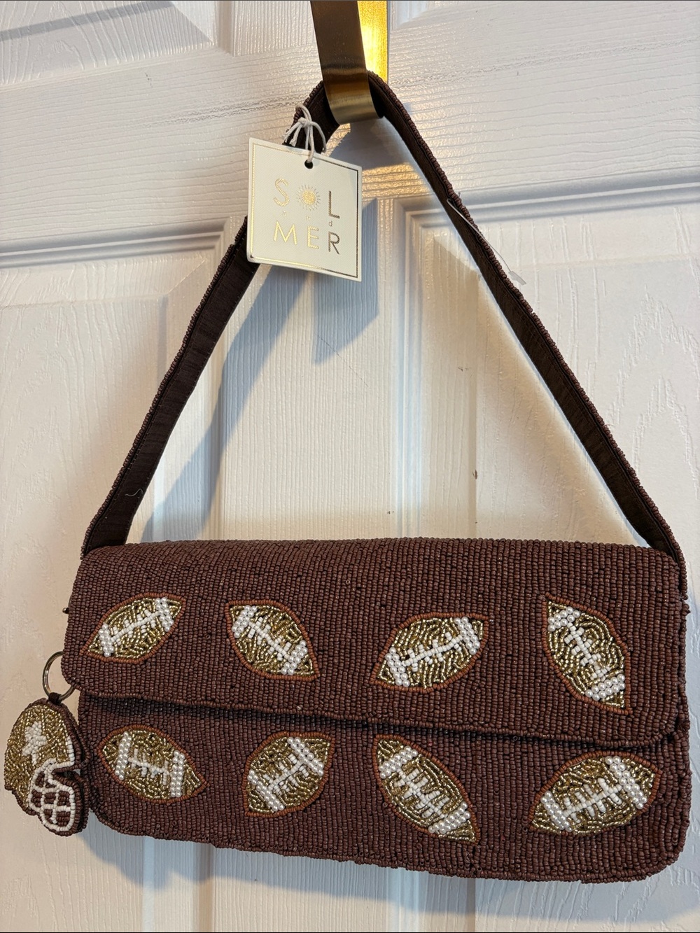 BNWT SOL AND MER Made in India Viral Brown Beaded Football Clutch Shoulder Bag